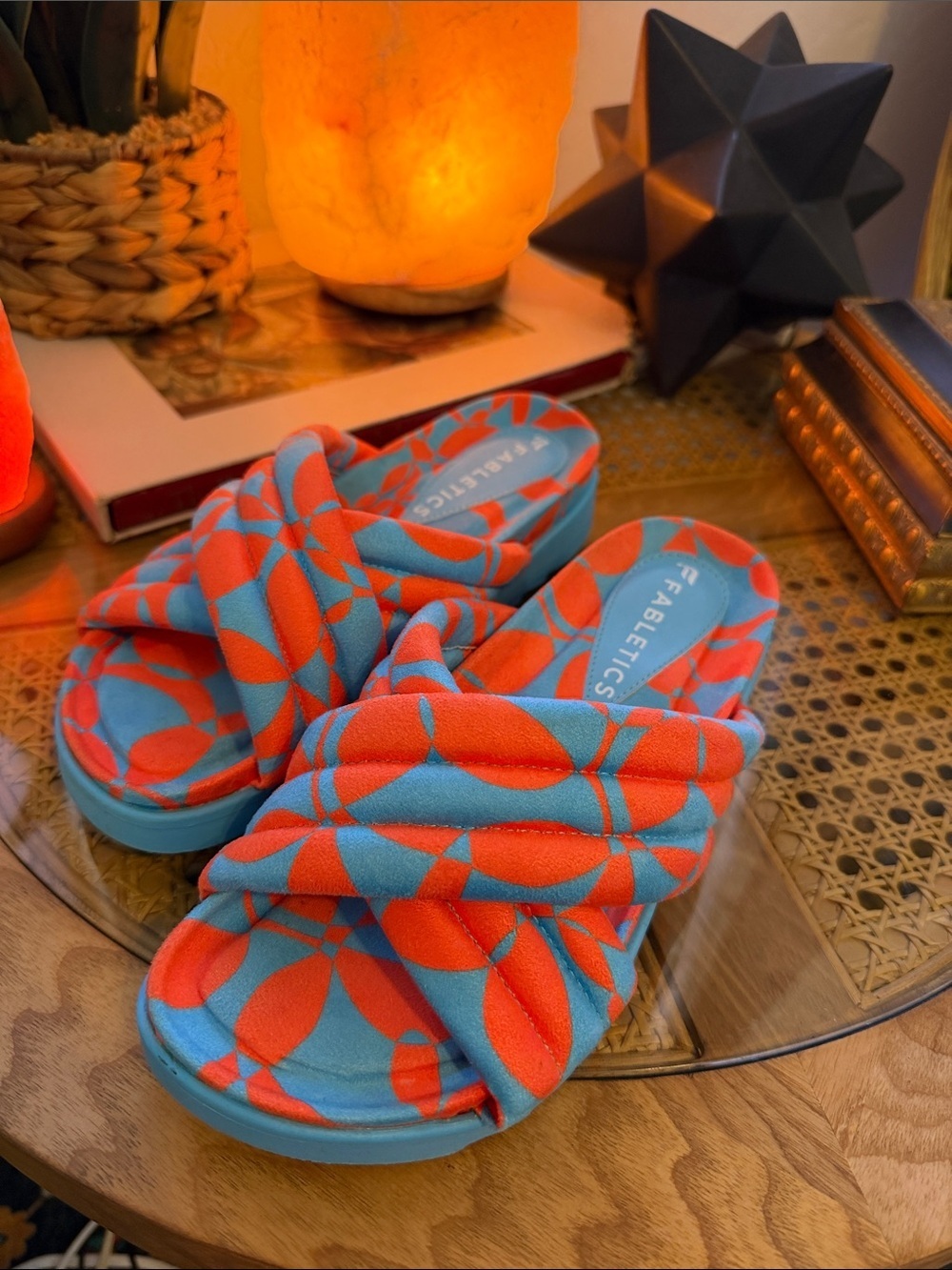 Fabletics Turquoise & Coral Patterned Quilted Slide Sandals